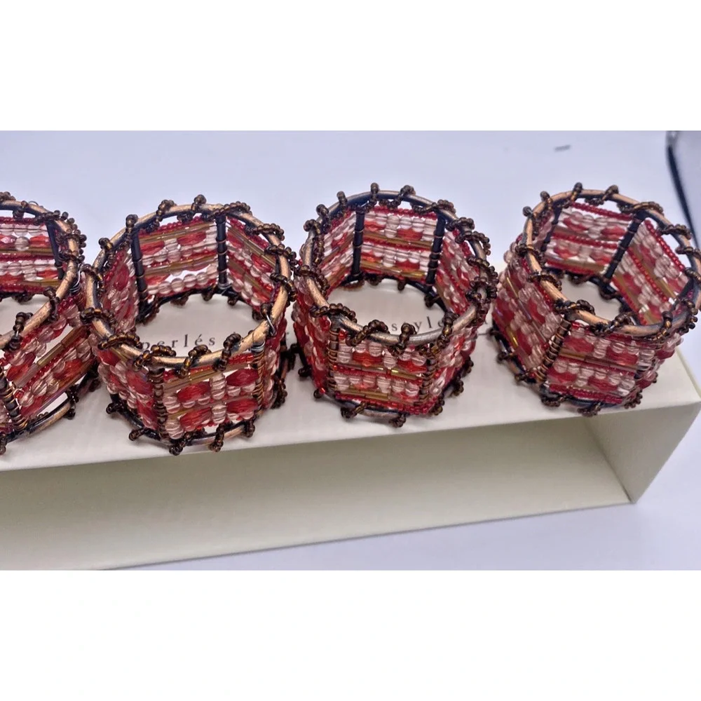 Pier 1 Imports Napkin Rings Moroccan Beaded Brown Red Y2K Boho Earthy Retro NEW